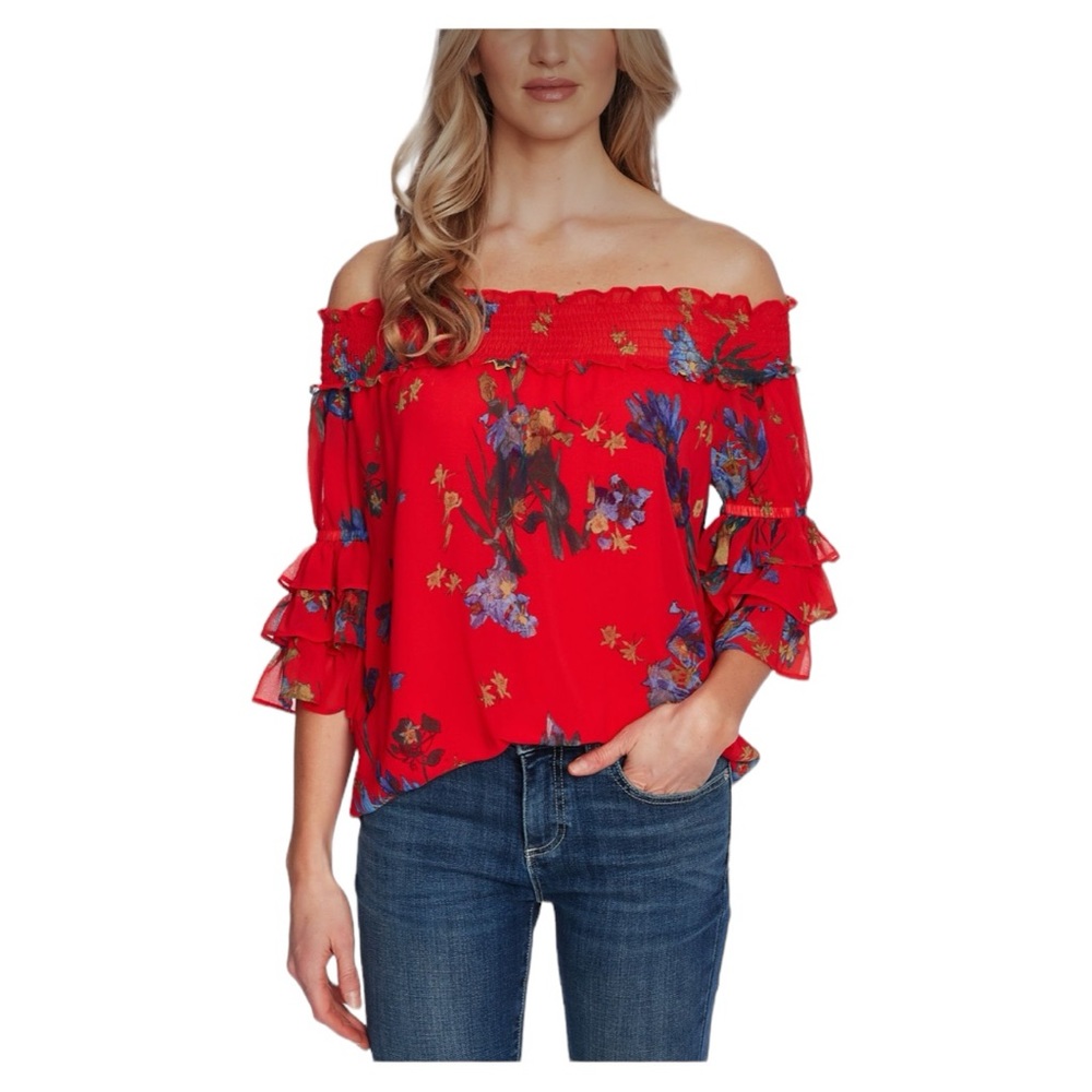 CeCe off the shoulder fiery red floral top with ruffled sleeves size sma…